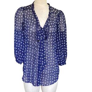 Xhilaration Nautical Novelty Anchor Print Button Up Tie Neck Top Sz M Blue 76M